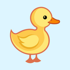 Cartoon Yellow Duckling with Orange Beak and Feet on Light Blue Background