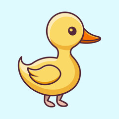 Cute and happy yellow duckling character with orange beak on light blue background