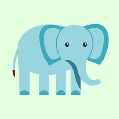 Cute Blue Cartoon Elephant Standing on Light Green Background in Flat Design