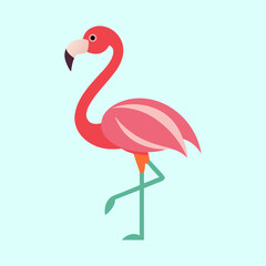 Stylized Flamingo Standing on One Leg against Light Blue Background Illustration