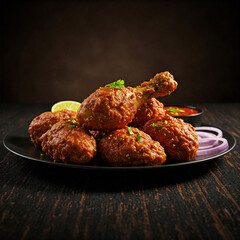 Hot Chicken leg starter with onion on a plate in. dark moody background