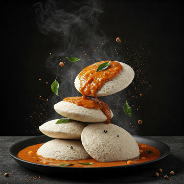 South indian hot plate of idly with sambar with idly floating mid air in a dark and moody background