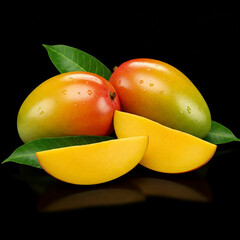 Fresh mango fruit with leaves and cut mangoes in a dark background