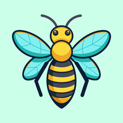Colorful Cartoon Bee Illustration with Wings and Striped Body on Green