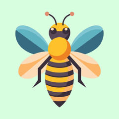 Cartoon Bee Illustration with Stripes and Blue Wings on a Light Background