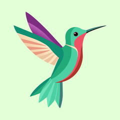 Stylized Vector Hummingbird with Colorful Geometric Shapes Against Pale Green Background