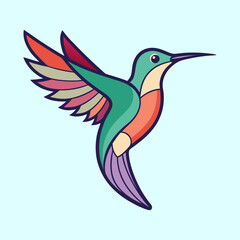 Stylized Vector Graphic of a Colorful Hummingbird in Flight on Light Blue