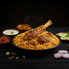 Mutton Biryani Complete Meal in a Dark Moody Background