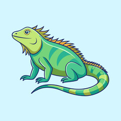 Cartoon iguana illustration with green skin, yellow spikes, and striped tail