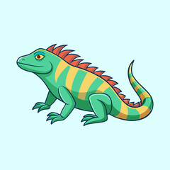 Cartoon green iguana with orange spiky back and yellow stripes illustration