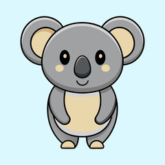 Cute cartoon koala bear character standing on a light blue background