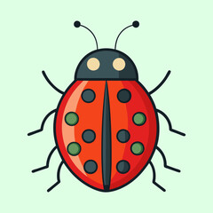 Cartoon ladybug with black spots and antennae on a light green background