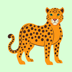 Cartoon Illustration of a Majestic Leopard with Black Spots on Light Green Background