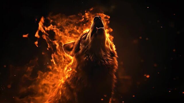 Fiery wolf howling in dark night.
