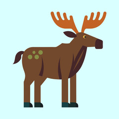 Stylized Flat Illustration of a Brown Moose with Big Antlers