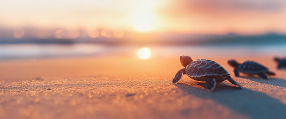 Baby sea turtle crawling on sandy beach at sunset with ocean in background. Marine conservation and nature concept. Image for environmental campaigns, travel blog. Banner with copy space