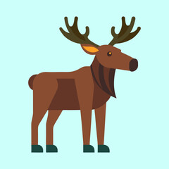 A stylized brown moose stands tall against a light blue background