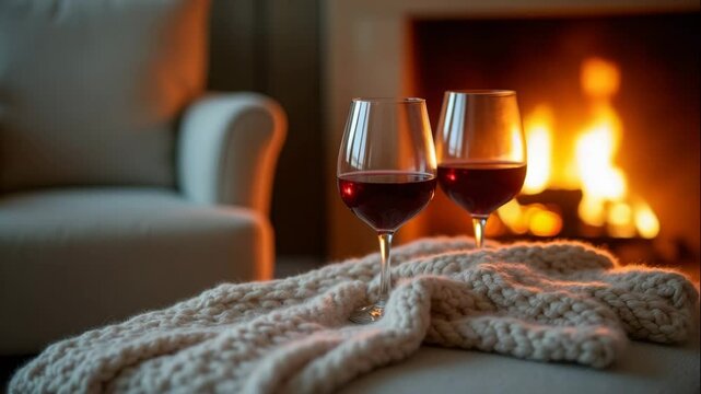 Dois copos de vinho tinto sobre uma poltrona em frente &agrave; lareira acesa &mdash; v&iacute;deo 4K.