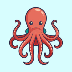 Cartoon Octopus with Large Eyes and Curled Tentacles on Light Blue