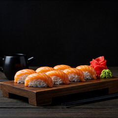Salmon Nigiri with Wasabi and ginger placed on a wooden plate in a dark moody background