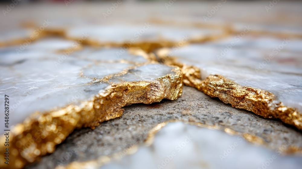 Poster close-up view of a luxurious marble granite countertop with an intricate gold and white texture, per