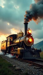 A gleaming golden steam engine, pistons pumping, smoke billowing dramatically against a moody sky Perfect for vintage, industrial, power, and transportation themes , travel, heritage, boiler