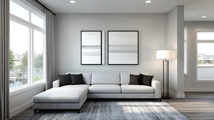 Bright living space featuring a comfortable couch, abstract art, floor lamp and natural light from large windows enhancing interior design.