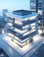 A custom AI model depicting a twilight lit futuristic office building with modern design.