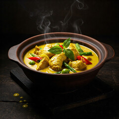 Hot Thai yellow curry in a bowl in dark mode background