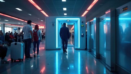 Airport security checkpoint, x-ray machine scanning luggage for concealed weapons ,  carry-on,  airport scanner