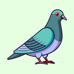 Cartoon Pigeon Illustration with Teal and Lavender Accents on Light Green Background