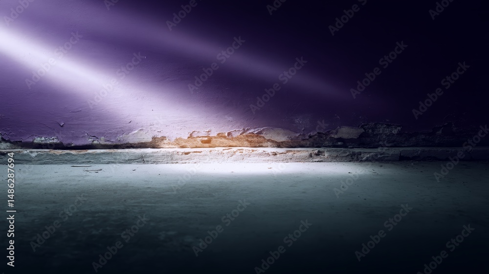 Poster light streams through a narrow gap in a weathered wall, illuminating the floor as orange and purple 