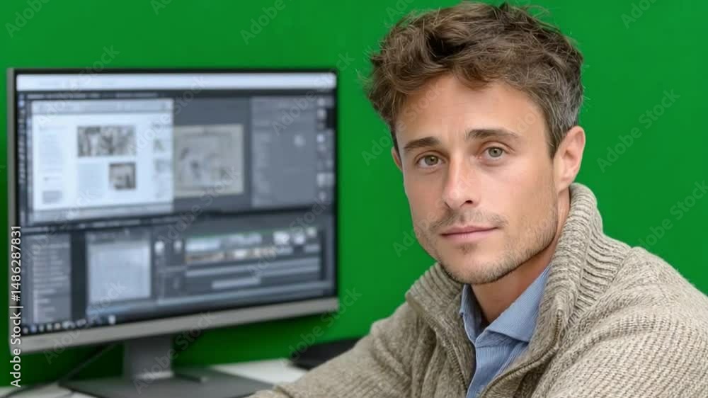 Poster focused vision: a focused individual, his gaze reflecting an image, works diligently on a computer s