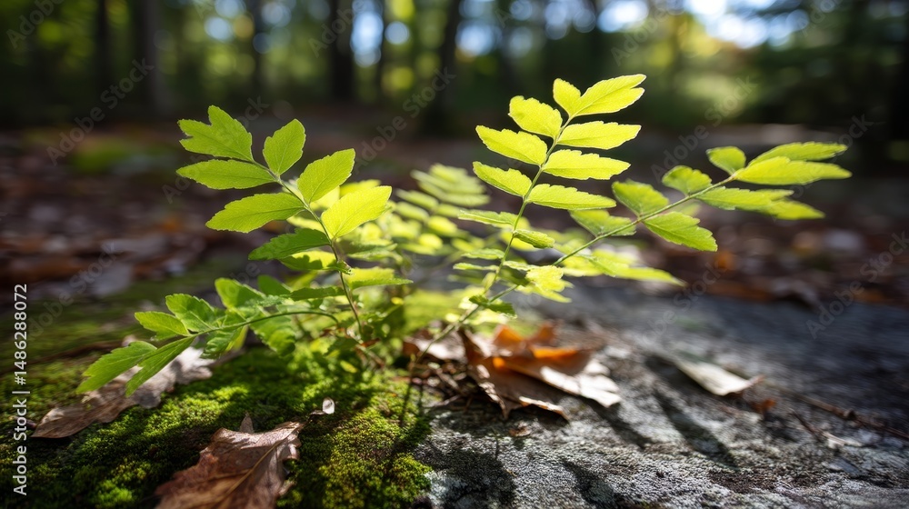 Aufkleber sunlight softly illuminates vibrant ferns, creating intricate shadows on a moss-covered rock surroun