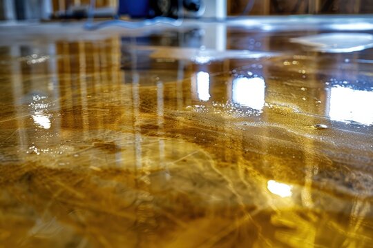 Shiny, freshly applied epoxy resin coating on a reflective floor in an indoor setting with blurred background.