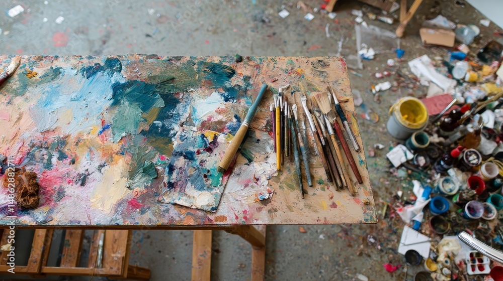 Aufkleber close-up view of a cluttered artist's desk showcases an array of paintbrushes, palettes, and sketche