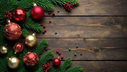 Antique Christmas ornaments and decorations on a rustic wooden surface, evoking a nostalgic holiday feeling ,  festive,  garland,  texture