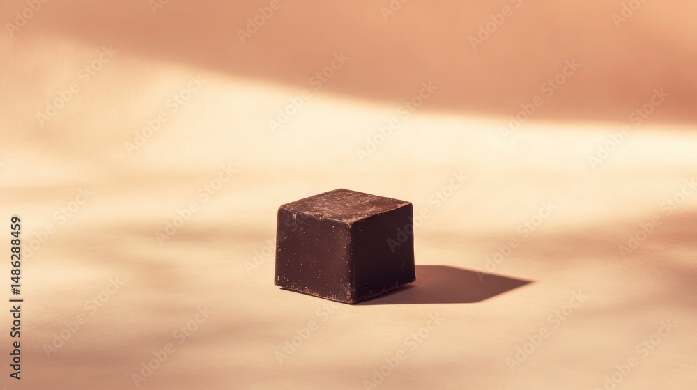 Poster single dark chocolate cube on beige background with soft light and shadow.