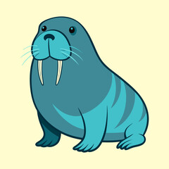 Fototapeta premium A cartoon walrus with big tusks sitting against a light background