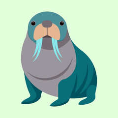 A cartoon walrus with tusks and flippers posing against light green background