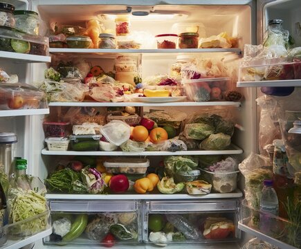 refrigerator interior filled with spoiled and forgotten food items, wilted vegetables, moldy fruits