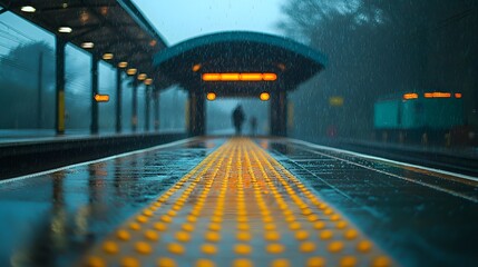 A lone traveler waits on a rainy train station platform