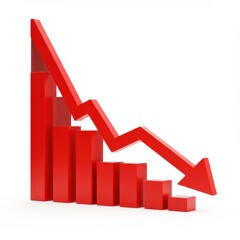 Red downward graph isolated on white background for economic decline, loss, or recession use.