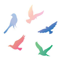 Silhouette of birds collection set vector illustration with beautiful gradient color. Icon of simple bird dove flying with modern color. Isolated vector cartoon for shadow, book, asset, element