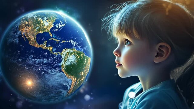 Child stares at Earth in dark sky. Planet glows with energy of night. Future lives in child eyes. Hope of unity and peace begins here. Earth connected to child through dream and light.