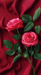 Two elegant coral roses rest beautifully against a backdrop of draped, luxurious red silk creating a romantic and visually captivating still life composition.