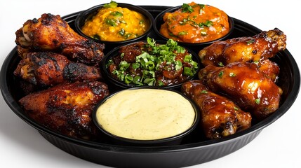 Fototapeta premium Chicken wings with various sauces are arranged on a black serving tray against a white backdrop.