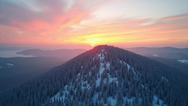 Otkliknoy Mountain Ridge and Coniferous Forest at Sunset in Winter. Aerial View. Taganay National Park, Southern Urals, Russia. Drone Flies Backwards