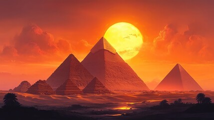 Dramatic sunset over ancient pyramids in a desert landscape.