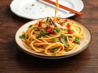 Delicious spaghetti dish with vegetables and cheese